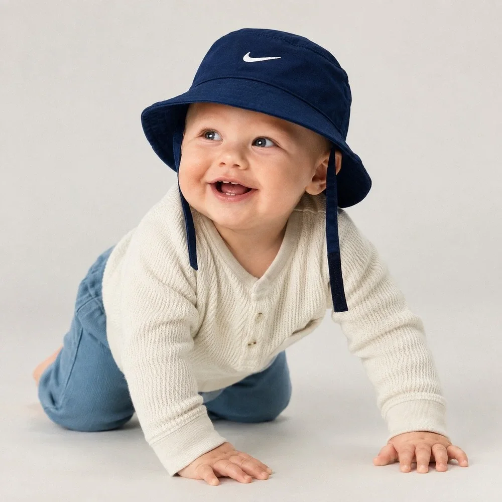Nike Infant Sun Bucket Hat Navy Blue UPF 40+ Swoosh Chin Strap